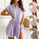 Solid Color Short Sleeve Lapel Gingham Shirt Dress